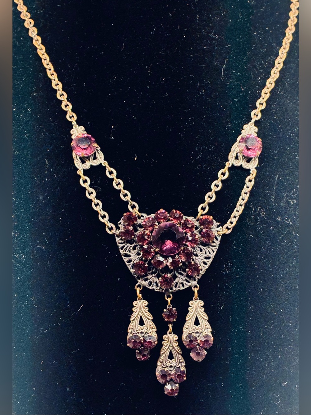 Vintage Ornate Scrollwork Purple Glass Necklace